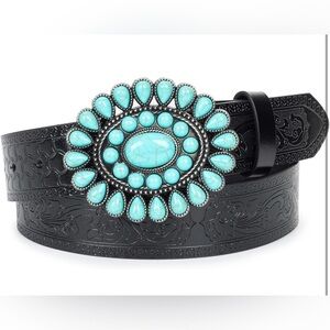 COPY - Black and Blue Belt with Turquoise Concho Buckle